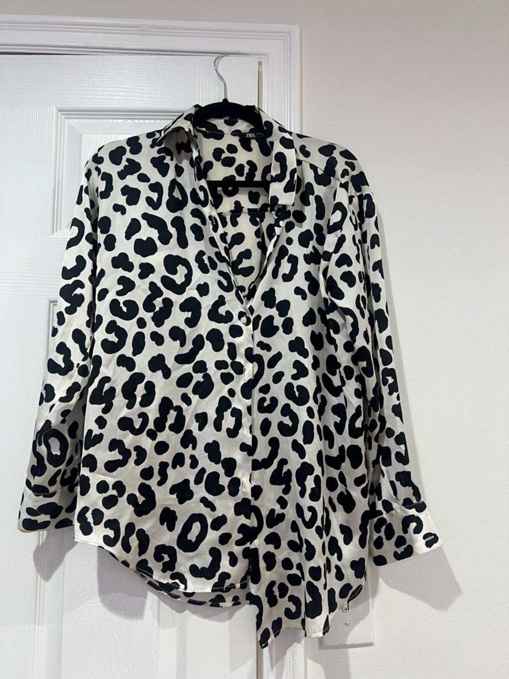 Zara Black and White Leopard Satin Button-Down Blouse